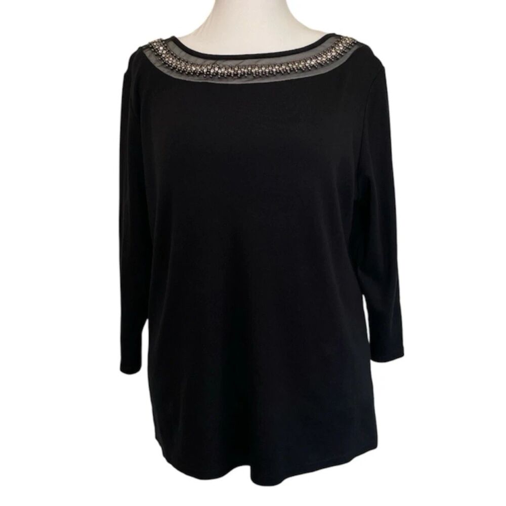 Rafaella Studio Women's Size 1X Top Beaded Neckline Black Shirt 100% Cotton